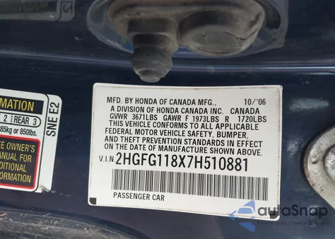 2007 Honda Civic Ex from USA, damaged, VIN 2HGFG118X7H510881